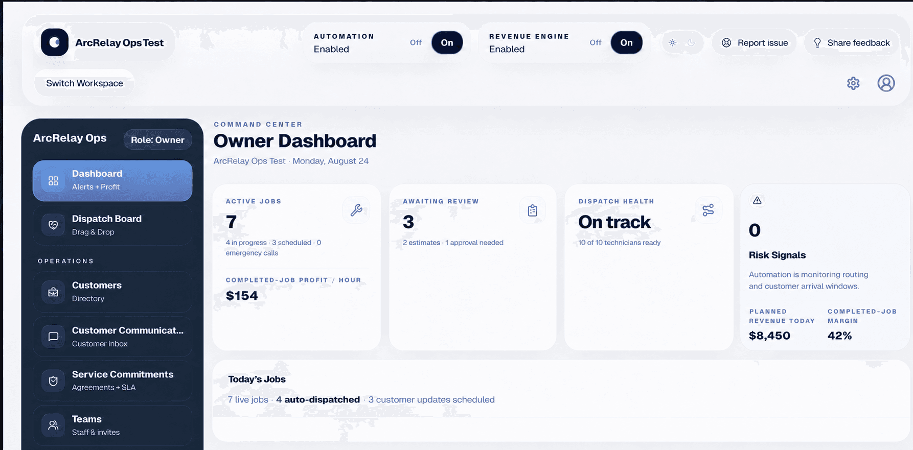 ArcRelay owner dashboard showing jobs, dispatch health, and risk signals